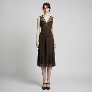 ECI Dress Brown Beaded Sequin Sleeveless Mesh Whimsigoth Retro 20s Midi Size 8